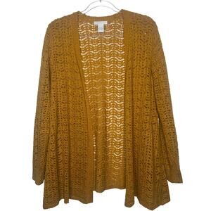 DESIGN HISTORY Crochet Knit Cardigan Sweater Open Front Draped Yellow Womens L